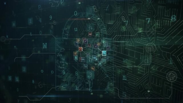 Animation of padlock with circuit board patterns and computer icons with text on abstract background
