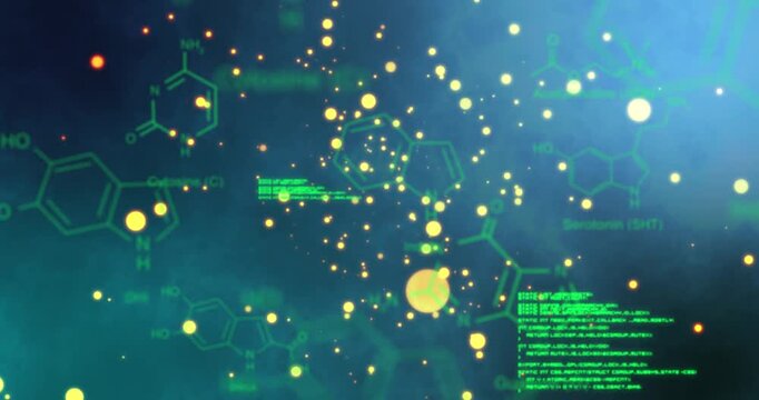 Animation of yellow spots floating over chemical structures and data processing on blue background