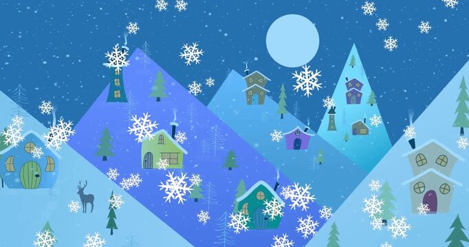 Animation of snow falling over winter landscape at christmas