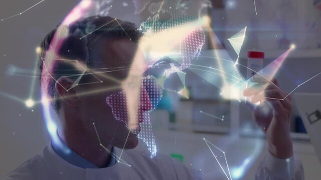 Animation of globe and network of connections over schoolboy writing