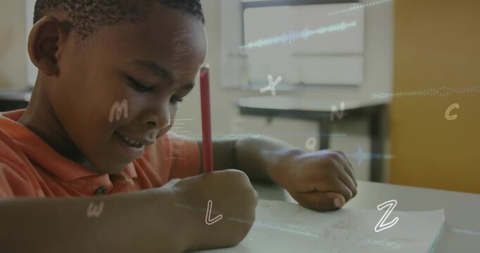 Animation of multiple alphabets falling against african american studying in class at school
