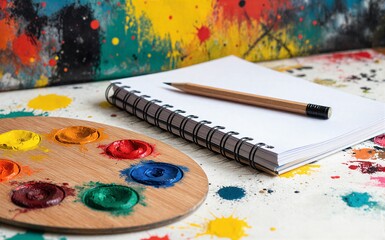 Fototapeta premium Colorful palette pencil and notebook on splattered art canvas.