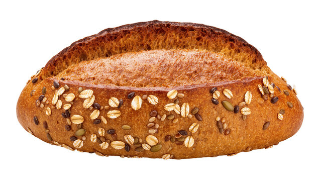 Rustic artisanal multigrain bread loaf, healthy whole grain baked good with seeds and oats