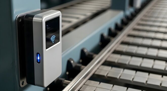 photorealistic close-up of an industrial RFID reader mounted near a conveyor metal rails background