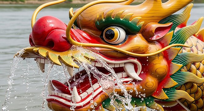 Close up of ornate dragon head on boat during festival with water splashing