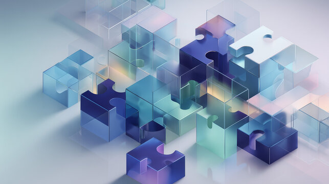 3d abstract business puzzle illustration with interconnected blue glass cubes, futuristic technology network with translucent jigsaw pieces, premium digital infrastructure and collaborative problem 