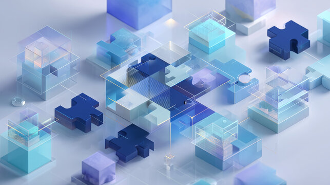3d abstract business puzzle illustration with interconnected blue glass cubes, futuristic technology network with translucent jigsaw pieces, premium digital infrastructure and collaborative problem 