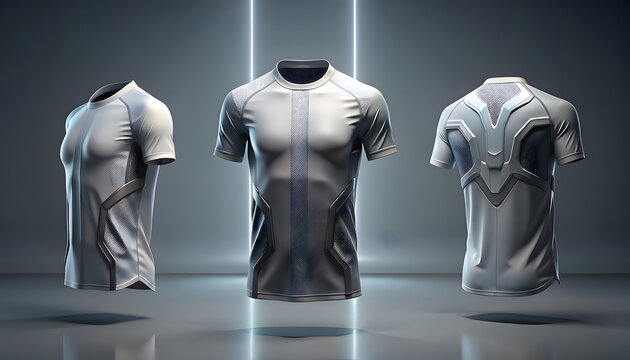 Advanced silver jersey with bold central panel, textured mesh inserts, angular side structures, layered armor style back, and high contrast paneling for futuristic performance look.