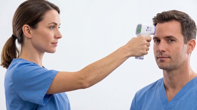 Female nurse taking temperature of male patient with infrared thermometer  