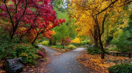 Obraz premium Serene Autumn Pathway Through Vibrant Colorful Trees and Foliage