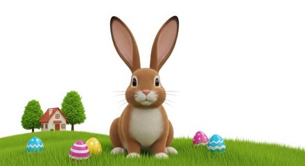 Fototapeta premium A large brown bunny rabbit with long ears sitting in a grassy field with easter eggs.
