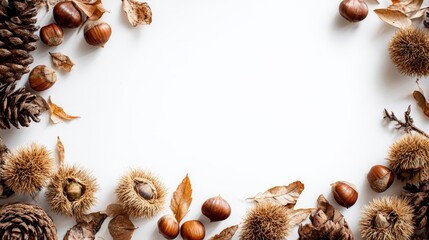 Obraz premium Natural Autumn Elements with Chestnuts and Pine Cones on White Background