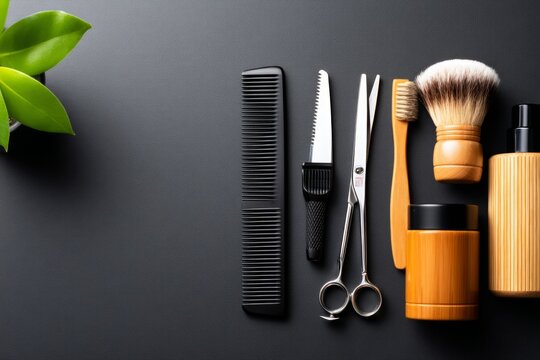Classic Barber Tools Arrangement on Dark Countertop with Natural Elements for Grooming