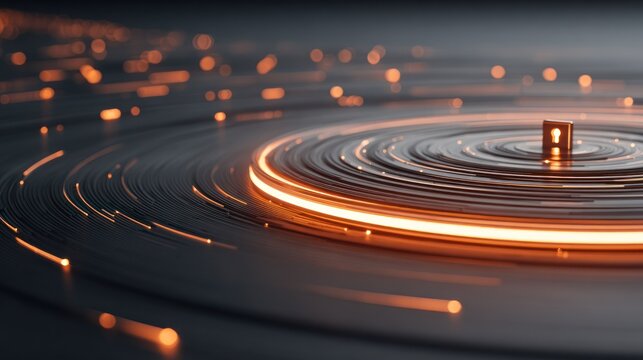 Abstract concept of digital security visualized with glowing concentric circuits and a central access symbol