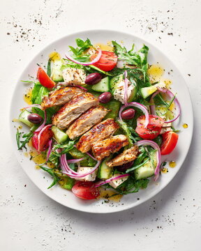 salad with chicken and olive oil, clean plating, isolated on white background