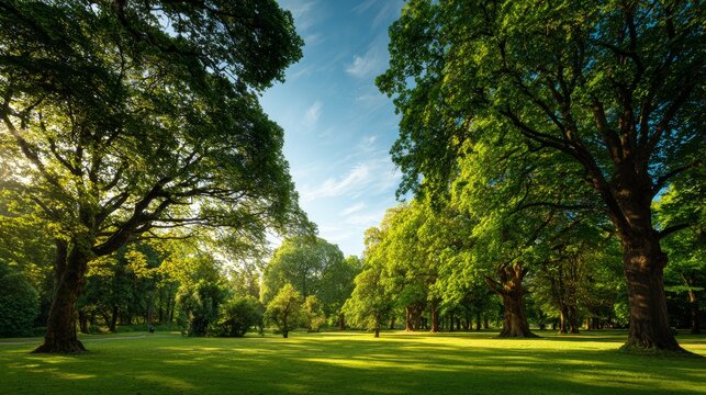 Lush Green Trees and Open Meadow in a Tranquil Park Setting