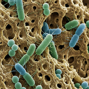 Stylized bacteria with pili and flagella are shown on a porous surface.