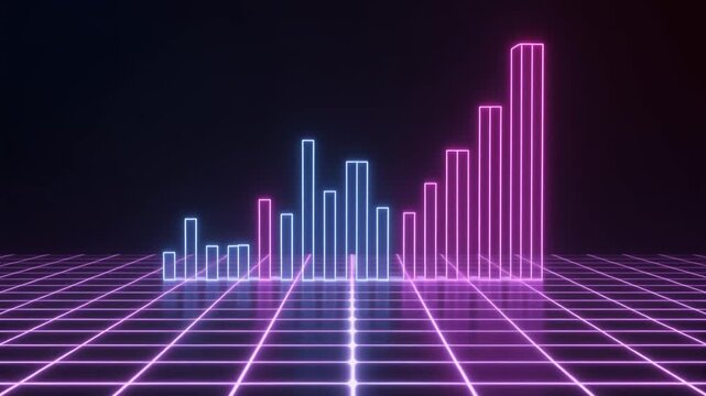 Digital music equalizer bars with a neon grid background, symbolizing data visualization and audio technology