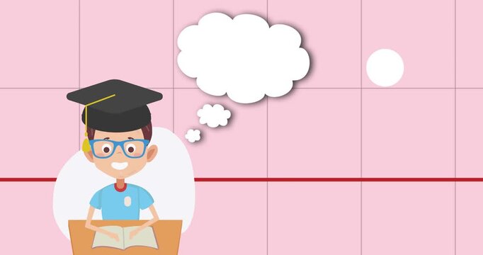 Animation of schoolboy with graduation hat with speech bubble with copy space