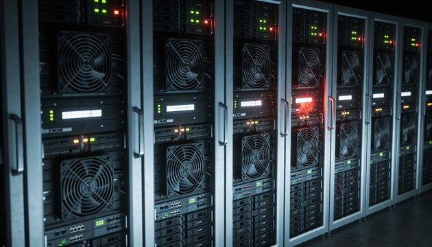 Humming row of server racks displaying LED lights in cold-aisle data center, with cooling fans