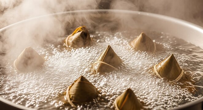 Traditional rice dumplings boiling in large pot of hot steaming water