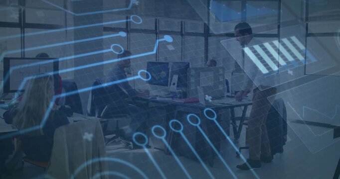 Digital circuit pattern animation over people working in modern office setting