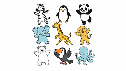 Fototapeta premium Cartoon animal character set with zebra elephant and panda