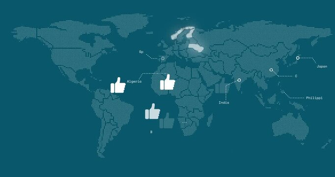 dotted map pulsing countries and animating labels, causing thumbs-up icons for global engagement