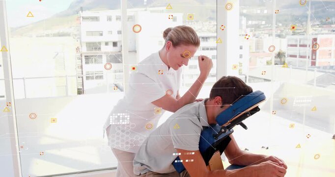 Therapist starting elbow pressing, shifting to palm for relief: icons fading as light brightening