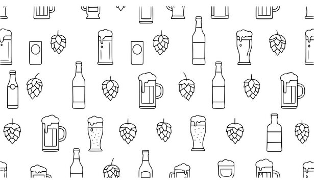 Minimal beer bar seamless pattern line art elements vector illustration