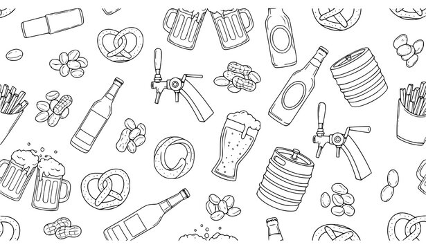 Beer bar icons seamless pattern hand drawn line art vector design