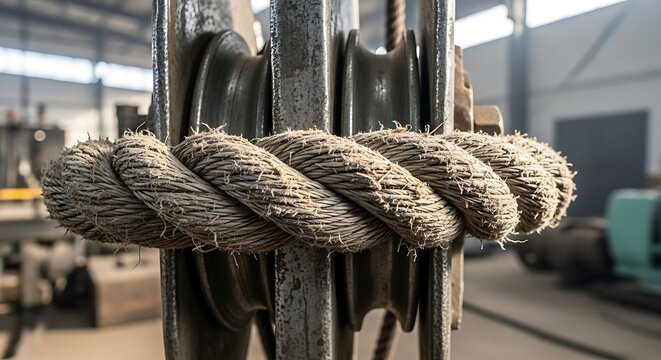Close up of heavy duty thick rope wrapped around industrial pulley system in warehouse