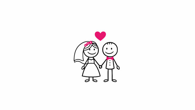 Stick figure wedding couple holding hands with heart icon