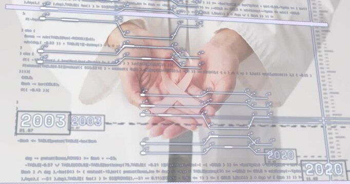 At start woman cupping hands receiving medical graphics shifting year markers revealing pink ribbon