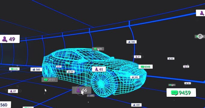 Neon wireframe car static while badges appearing, updating, thinning as cursor selecting metrics