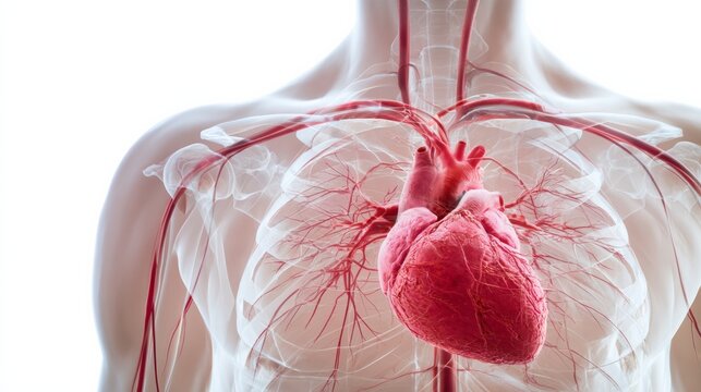 Anatomical illustration of human heart and circulatory system with detailed blood vessels, showcasing the heart's position within the thoracic cavity