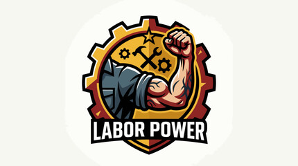 Fototapeta premium Labor Power Symbol with Strong Arm and Tools Inside Gear
