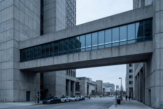 Elevated concrete pedestrian skywalk connecting modern brutalist office buildings over a downtown street with parked cars under an overcast sky.