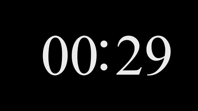 58 seconds digital countdown timer animation from 58 to 0 seconds on black background 4k video