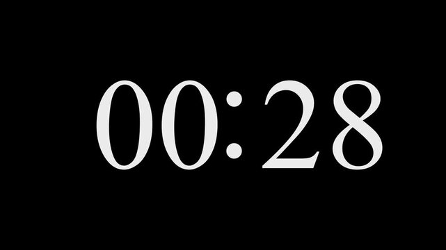 56 seconds digital countdown timer animation from 56 to 0 seconds on black background 4k video