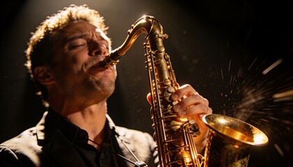 Fototapeta premium Playing male sax player wearing dark blazer and neck strap under spotlight, droplets shining