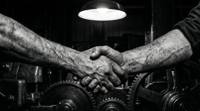Hands shake in agreement inside a workshop at night under a single hanging light