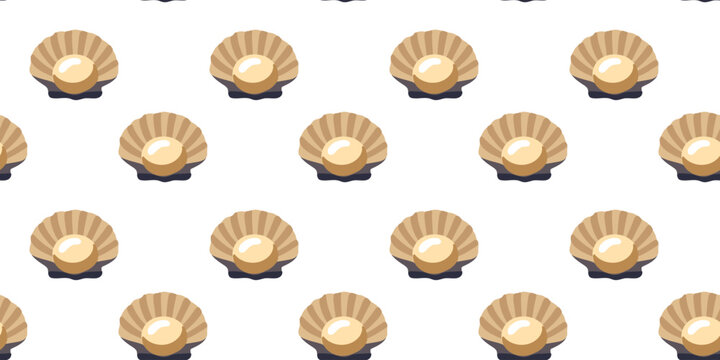 seamless cute seashell with pearl pattern on white background
