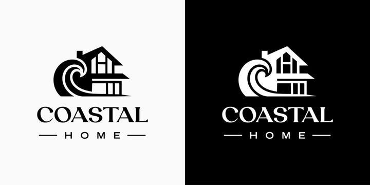 A vector logo design for a coastal house with waves in a modern, simple, clean, and abstract style. An icon for business, real estate, vacations, and personal branding.