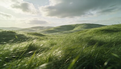 Obraz premium Blowing foreground blades of green grass bending in meadow, with rolling hills, partly cloudy sky
