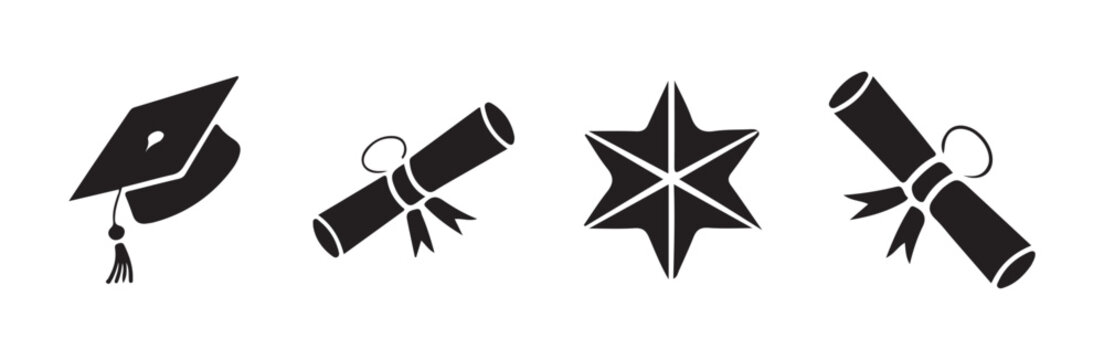 Set of tilted graduation cap diploma scroll and star shape icons for academic achievement