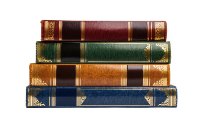Stack of four antique classic books with ornate decorative leather spines, wisdom