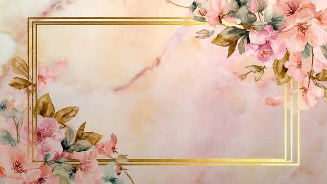 Floral Frame Elegance: A delicate golden frame, adorned with vibrant floral arrangement against a soft, marble-textured backdrop. Evoking a sense of refined beauty, perfect for invitations.