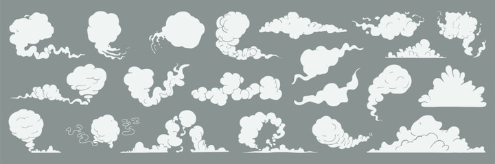 Smoke Cloud Comic Vector Set, Cartoon Dust, Smog and Steam Flow Effects, Dynamic Cloud Silhouettes for Comic Explosion, Motion and Animation Design Elements © RTICAA VEO