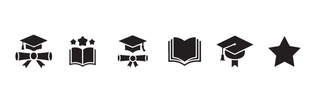 Education icons set with graduation caps diploma scrolls open books and academic star symbol